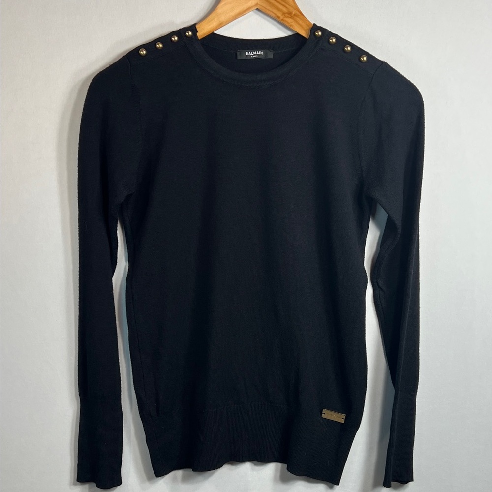 Balmain Black Knit Logo Sweater with Gold Plate Logo and Shoulder Buttons Size S